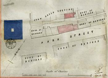 Plan from deeds showing the Rose and Crown (in pink) in 1872, the former Ram was the small building directly to the left [R6/63/5/17]